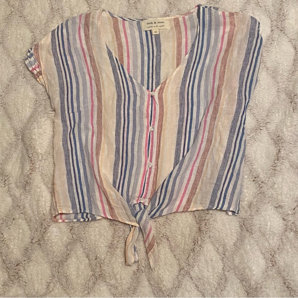 Cloth & Stone Top Womens Medium Striped Linen Blend Tie Detail Button Beachy